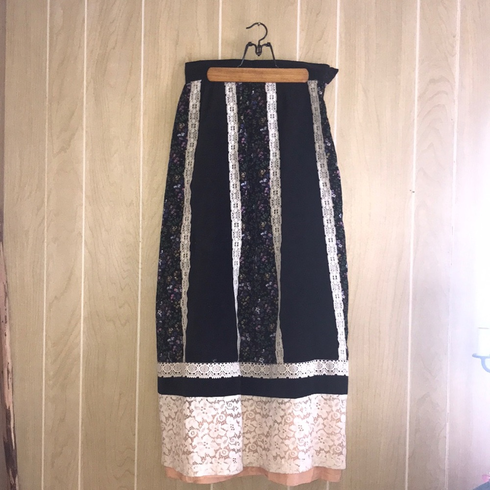 Vintage Handmade Panel Corduroy & Lace Floral Maxi Skirt Lined Women's Small